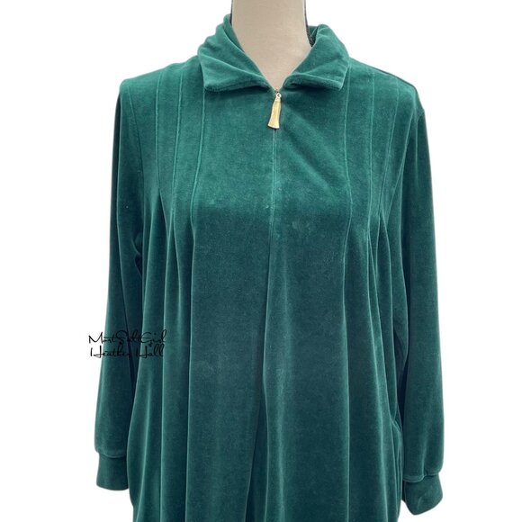 Draper's & Damon's Green Velour Long Sleeve Zip Front Lounge Dress Robe PM - Picture 2 of 6